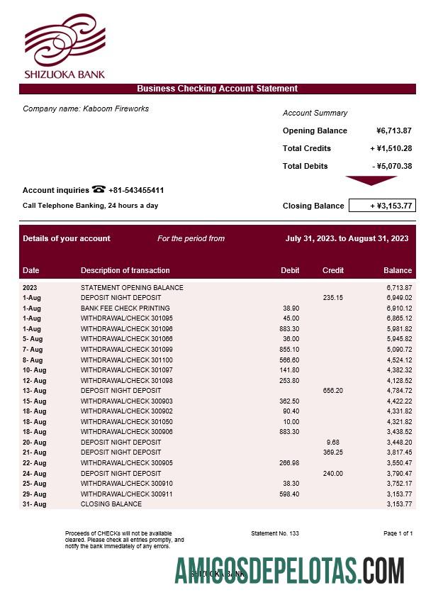 Em branco Shizuoka Bank Organization Extrato de conta corrente Modelo Word e PDF